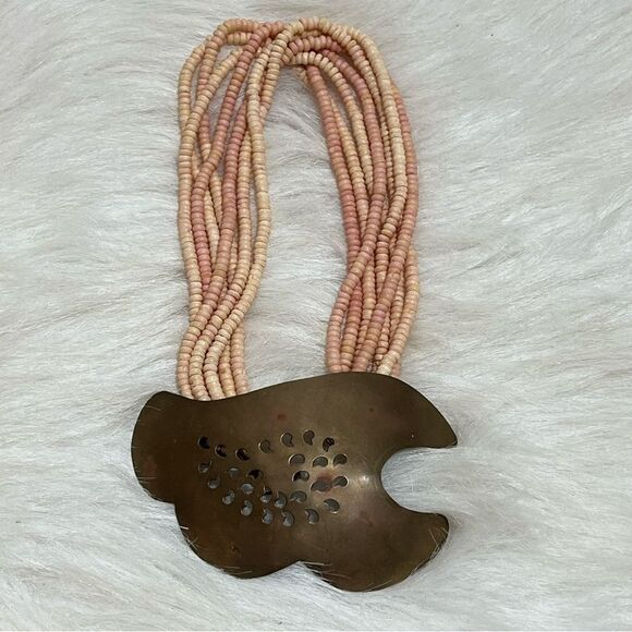 Vintage Artisan Coral Shell/Aged Brass Centerpiece Necklace -- OS - Picture 9 of 11